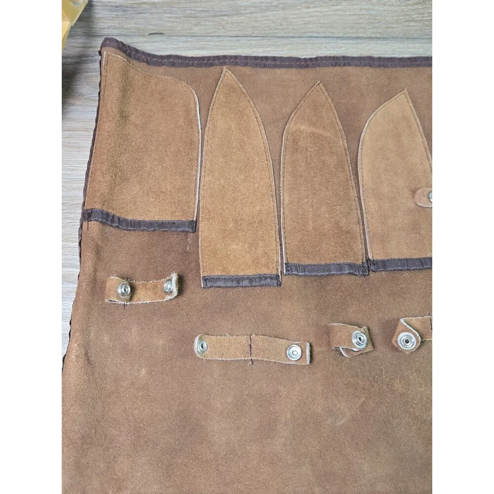 Vtg. Unbranded Suede Leather Chef Knife Roll Storage Case Carrier 8 Pocket